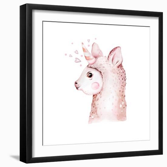 Cute Watercolor Llama, Alpaca Illustration Isolated on White. Llama Print Ethnic Blanket, Flowers W-Kris_art-Framed Photographic Print