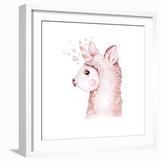 Cute Watercolor Llama, Alpaca Illustration Isolated on White. Llama Print Ethnic Blanket, Flowers W-Kris_art-Framed Photographic Print