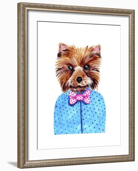 Cute Watercolor Yorkshire Terrier Portrait with Bow Tie. Formal Dog Hand Dawn Illustration.-Maria Sem-Framed Art Print