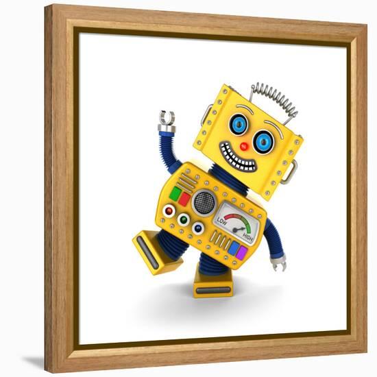 Cute Yellow Vintage Toy Robot over White Background Having Fun-badboo-Framed Stretched Canvas