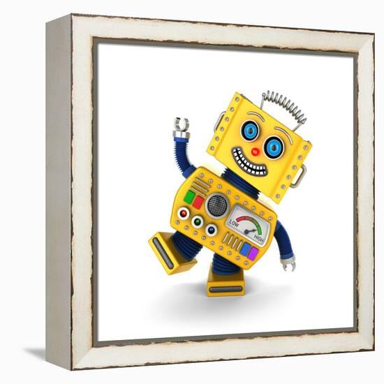 Cute Yellow Vintage Toy Robot over White Background Having Fun-badboo-Framed Stretched Canvas