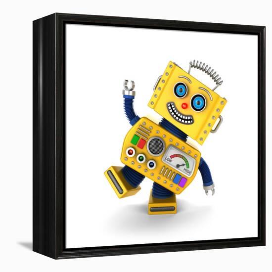 Cute Yellow Vintage Toy Robot over White Background Having Fun-badboo-Framed Stretched Canvas