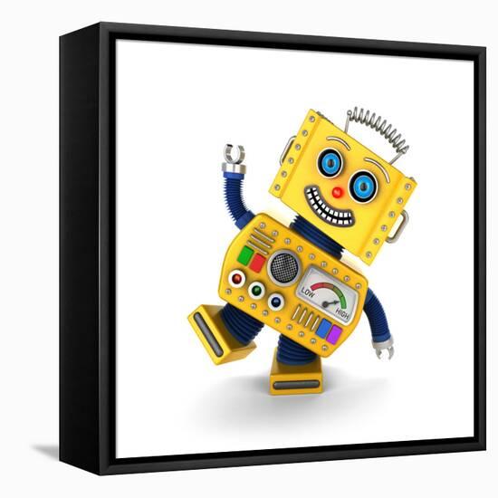 Cute Yellow Vintage Toy Robot over White Background Having Fun-badboo-Framed Stretched Canvas