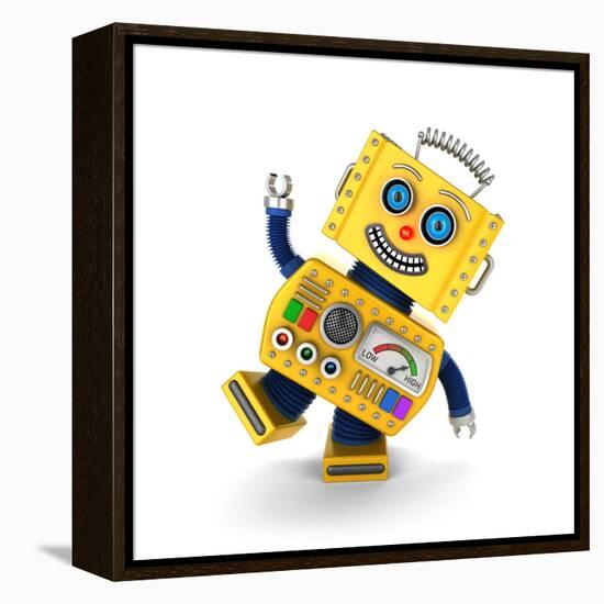 Cute Yellow Vintage Toy Robot over White Background Having Fun-badboo-Framed Stretched Canvas