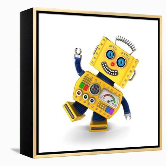 Cute Yellow Vintage Toy Robot over White Background Having Fun-badboo-Framed Stretched Canvas