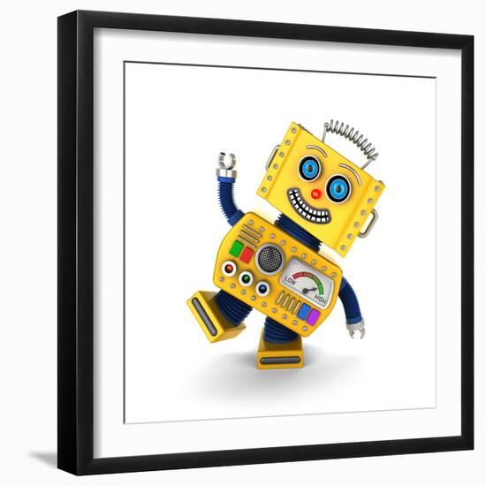 Cute Yellow Vintage Toy Robot over White Background Having Fun-badboo-Framed Premium Giclee Print