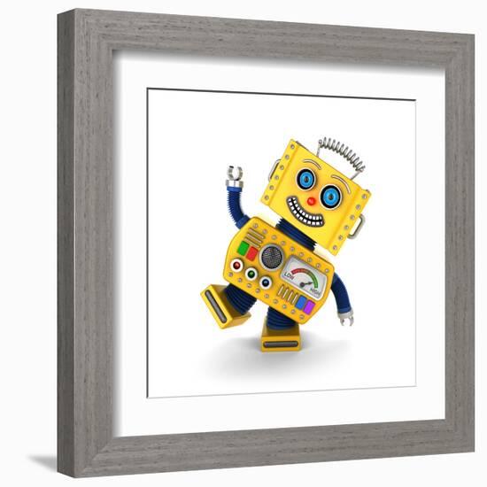 Cute Yellow Vintage Toy Robot over White Background Having Fun-badboo-Framed Art Print