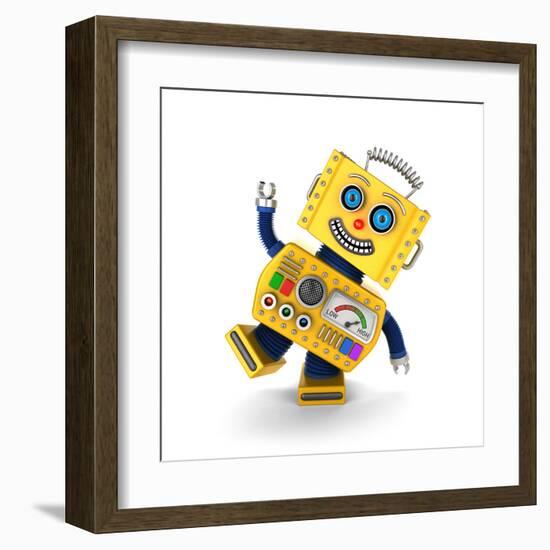 Cute Yellow Vintage Toy Robot over White Background Having Fun-badboo-Framed Art Print