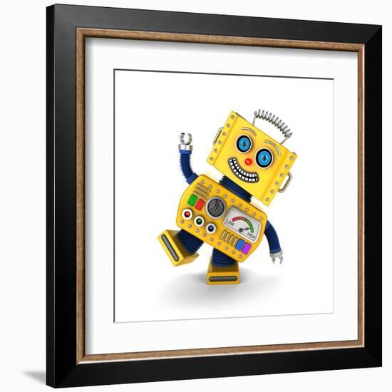 Cute Yellow Vintage Toy Robot over White Background Having Fun-badboo-Framed Art Print