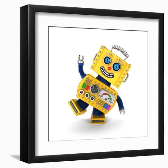 Cute Yellow Vintage Toy Robot over White Background Having Fun-badboo-Framed Art Print