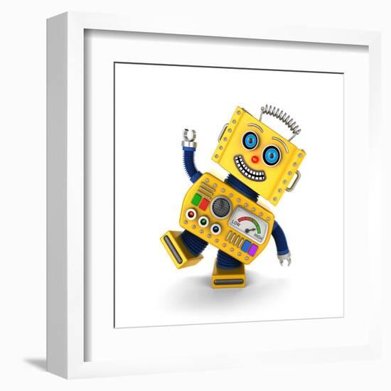 Cute Yellow Vintage Toy Robot over White Background Having Fun-badboo-Framed Art Print