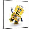 Cute Yellow Vintage Toy Robot over White Background Having Fun-badboo-Mounted Art Print