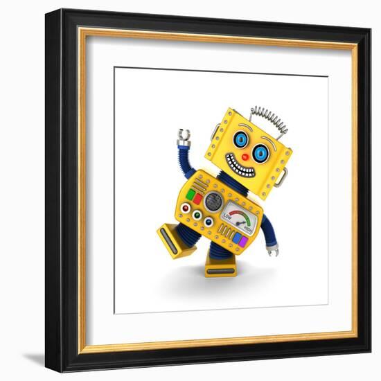 Cute Yellow Vintage Toy Robot over White Background Having Fun-badboo-Framed Art Print