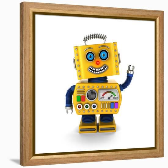 Cute Yellow Vintage Toy Robot over White Background Waving Hello-badboo-Framed Stretched Canvas