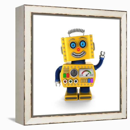 Cute Yellow Vintage Toy Robot over White Background Waving Hello-badboo-Framed Stretched Canvas