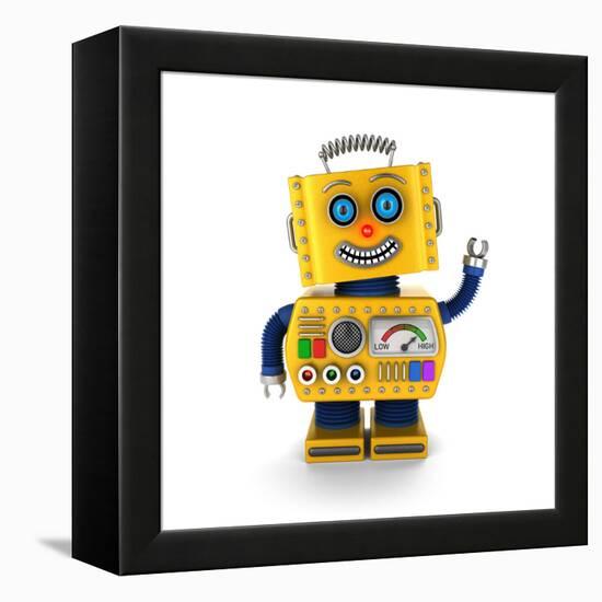 Cute Yellow Vintage Toy Robot over White Background Waving Hello-badboo-Framed Stretched Canvas