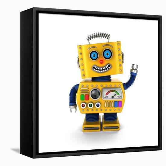 Cute Yellow Vintage Toy Robot over White Background Waving Hello-badboo-Framed Stretched Canvas