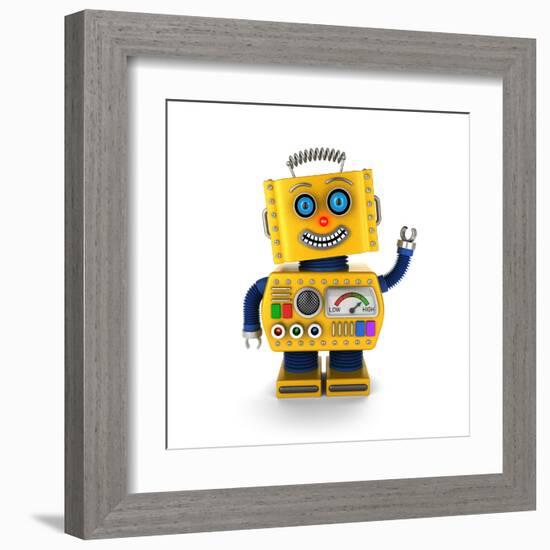 Cute Yellow Vintage Toy Robot over White Background Waving Hello-badboo-Framed Art Print