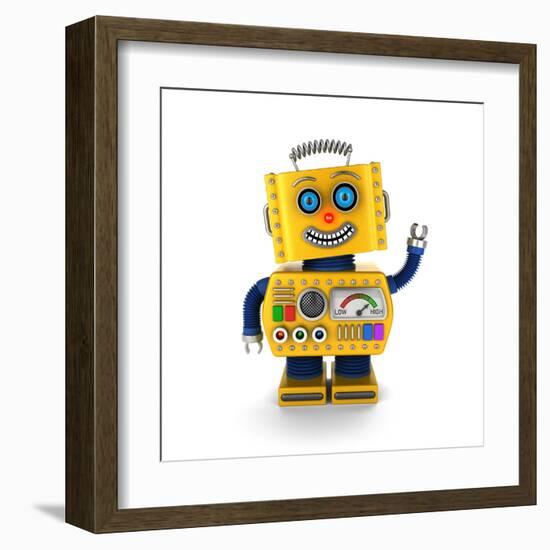 Cute Yellow Vintage Toy Robot over White Background Waving Hello-badboo-Framed Art Print