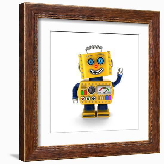 Cute Yellow Vintage Toy Robot over White Background Waving Hello-badboo-Framed Art Print