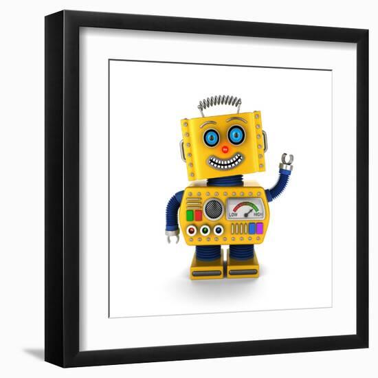 Cute Yellow Vintage Toy Robot over White Background Waving Hello-badboo-Framed Art Print