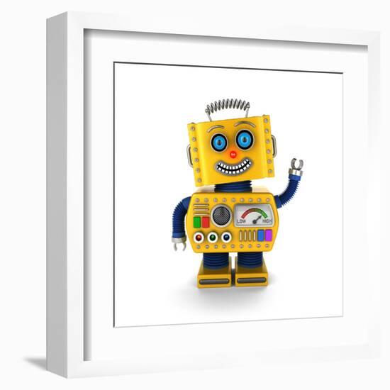 Cute Yellow Vintage Toy Robot over White Background Waving Hello-badboo-Framed Art Print