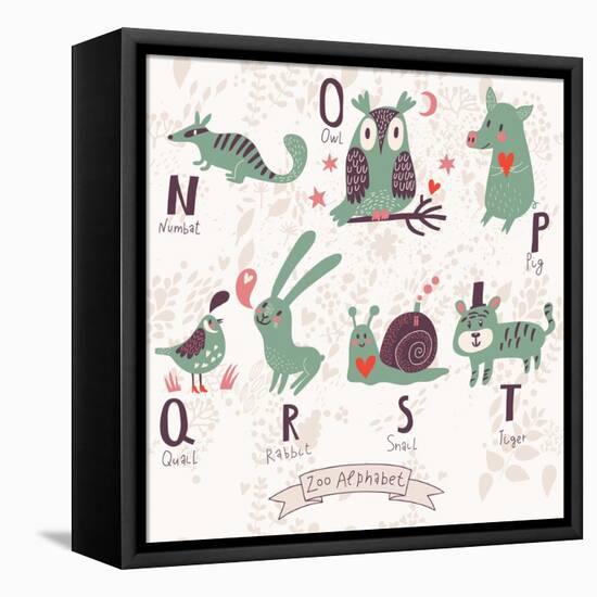 Cute Zoo Alphabet in Vector. N, O, P, Q, R, S, T Letters. Funny Animals in Love. Numbat, Owl, Pig,-smilewithjul-Framed Stretched Canvas