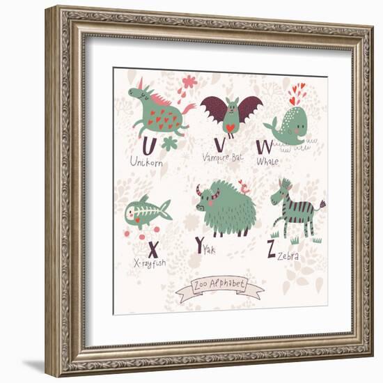 Cute Zoo Alphabet in Vector. U, V, W, X, Y, Z Letters. Funny Animals in Love. Unicorn, Vampire Bat,-smilewithjul-Framed Art Print