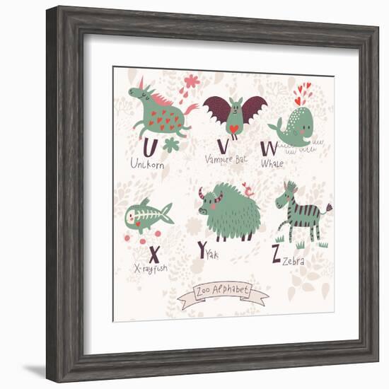 Cute Zoo Alphabet in Vector. U, V, W, X, Y, Z Letters. Funny Animals in Love. Unicorn, Vampire Bat,-smilewithjul-Framed Art Print