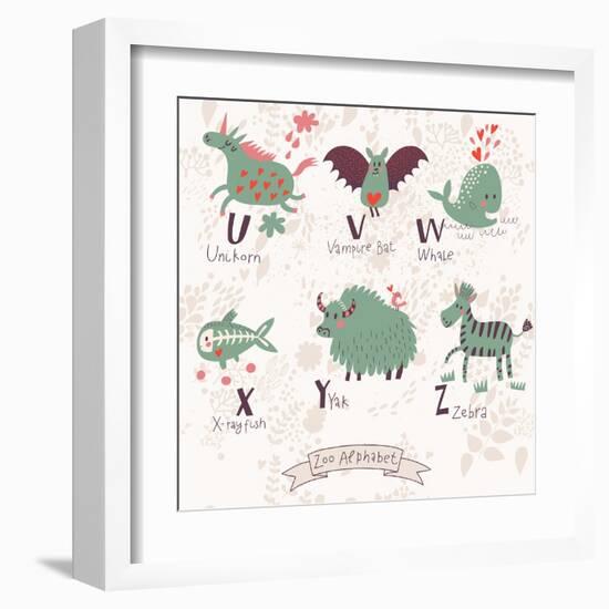 Cute Zoo Alphabet in Vector. U, V, W, X, Y, Z Letters. Funny Animals in Love. Unicorn, Vampire Bat,-smilewithjul-Framed Art Print