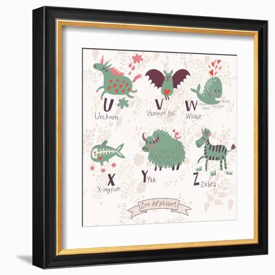 Cute Zoo Alphabet in Vector. U, V, W, X, Y, Z Letters. Funny Animals in Love. Unicorn, Vampire Bat,-smilewithjul-Framed Art Print