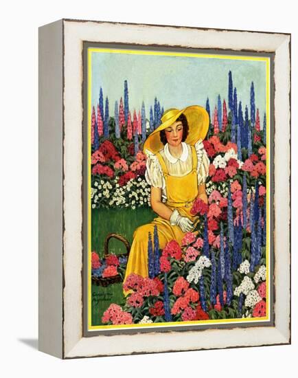 "Cutting Flowers from Her Garden,"August 1, 1933-Carolyn Haywood-Framed Premier Image Canvas