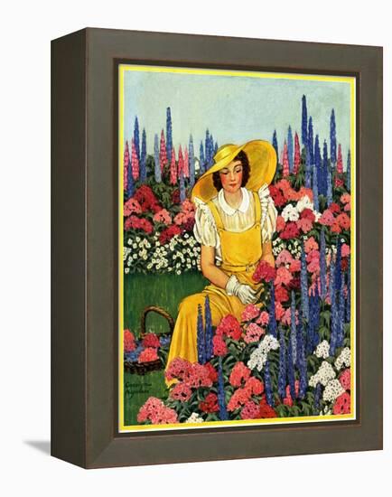 "Cutting Flowers from Her Garden,"August 1, 1933-Carolyn Haywood-Framed Premier Image Canvas