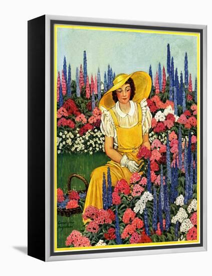 "Cutting Flowers from Her Garden,"August 1, 1933-Carolyn Haywood-Framed Premier Image Canvas