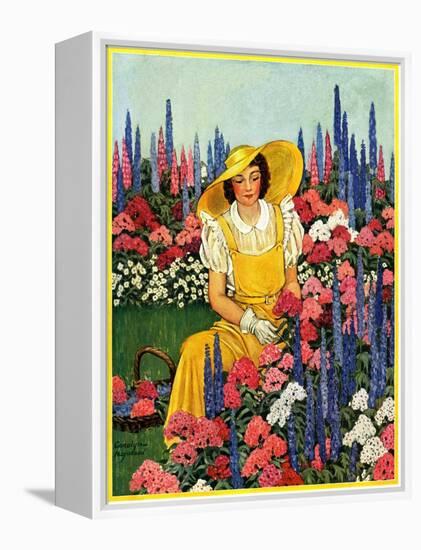 "Cutting Flowers from Her Garden,"August 1, 1933-Carolyn Haywood-Framed Premier Image Canvas