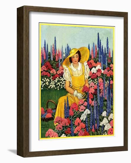 "Cutting Flowers from Her Garden,"August 1, 1933-Carolyn Haywood-Framed Giclee Print