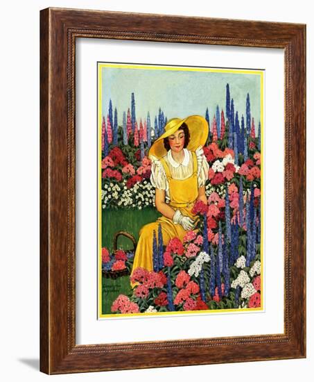 "Cutting Flowers from Her Garden,"August 1, 1933-Carolyn Haywood-Framed Giclee Print