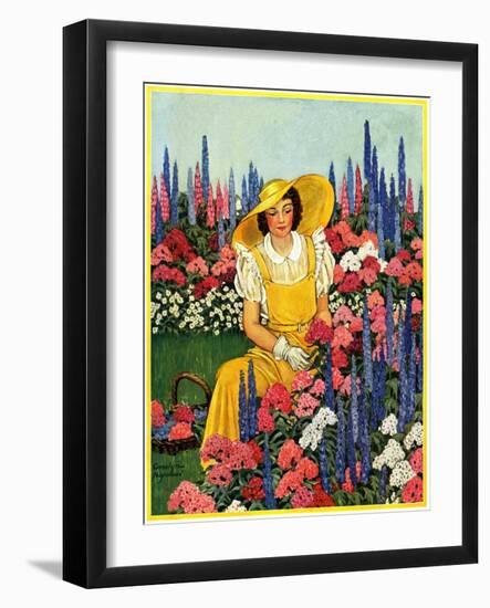 "Cutting Flowers from Her Garden,"August 1, 1933-Carolyn Haywood-Framed Giclee Print