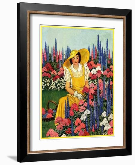 "Cutting Flowers from Her Garden,"August 1, 1933-Carolyn Haywood-Framed Giclee Print