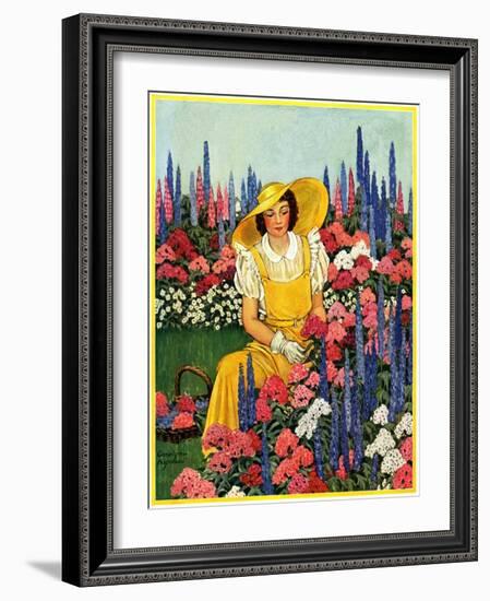 "Cutting Flowers from Her Garden,"August 1, 1933-Carolyn Haywood-Framed Giclee Print