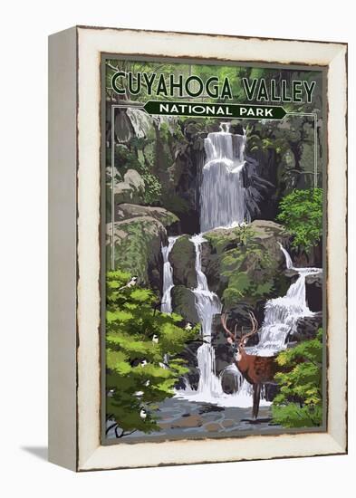 Cuyahoga Valley National Park, Ohio - Deer and Falls-Lantern Press-Framed Stretched Canvas