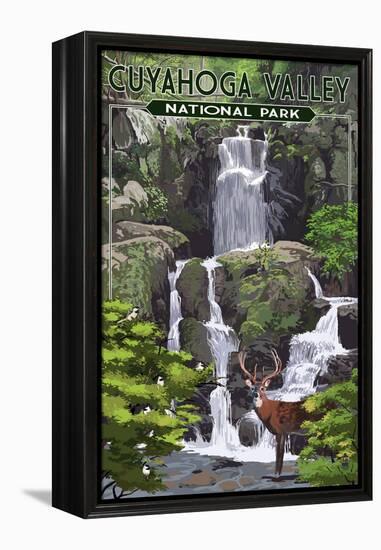 Cuyahoga Valley National Park, Ohio - Deer and Falls-Lantern Press-Framed Stretched Canvas