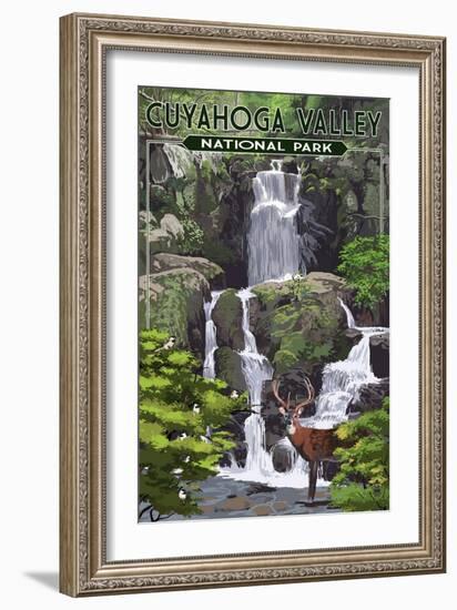 Cuyahoga Valley National Park, Ohio - Deer and Falls-Lantern Press-Framed Art Print