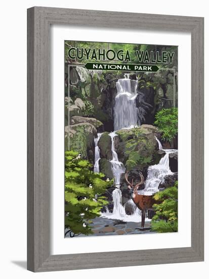 Cuyahoga Valley National Park, Ohio - Deer and Falls-Lantern Press-Framed Art Print