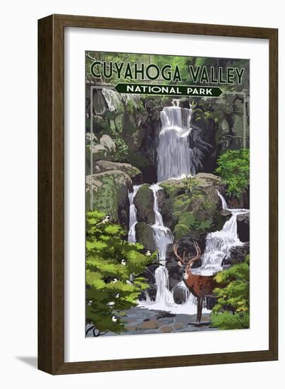 Cuyahoga Valley National Park, Ohio - Deer and Falls-Lantern Press-Framed Art Print