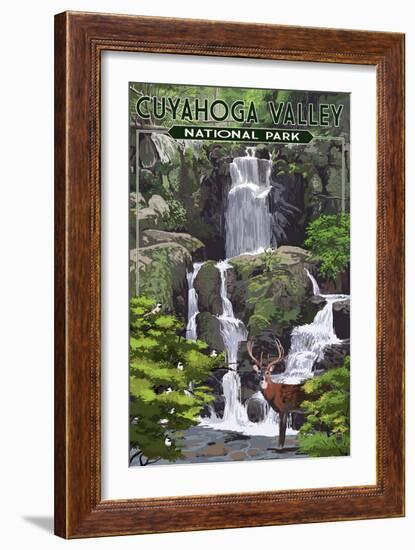 Cuyahoga Valley National Park, Ohio - Deer and Falls-Lantern Press-Framed Art Print