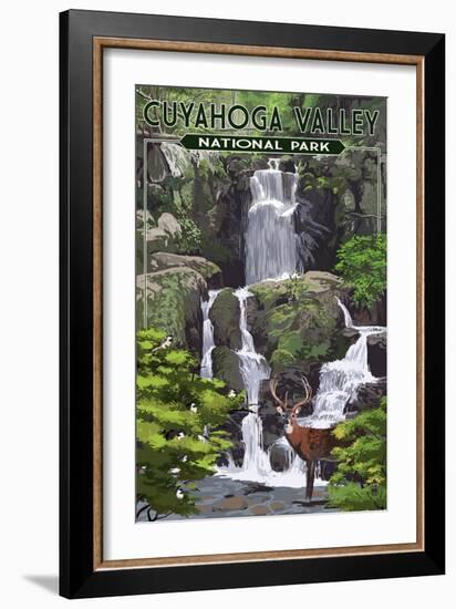 Cuyahoga Valley National Park, Ohio - Deer and Falls-Lantern Press-Framed Art Print