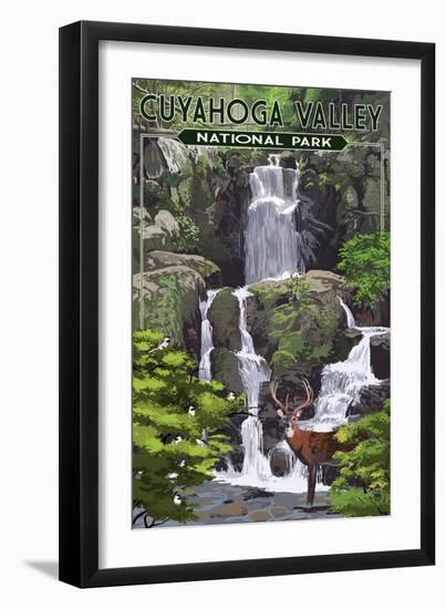 Cuyahoga Valley National Park, Ohio - Deer and Falls-Lantern Press-Framed Art Print