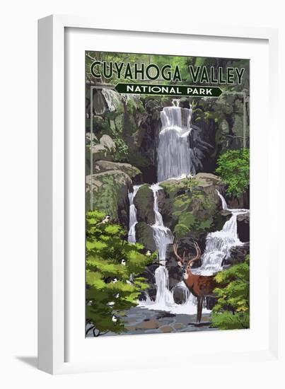 Cuyahoga Valley National Park, Ohio - Deer and Falls-Lantern Press-Framed Art Print