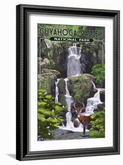 Cuyahoga Valley National Park, Ohio - Deer and Falls-Lantern Press-Framed Art Print